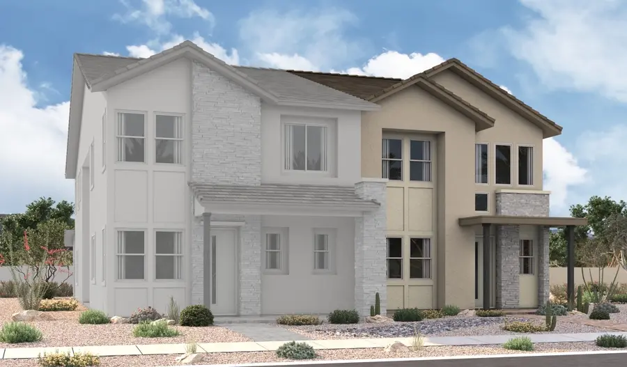 Navy-3-Elevation-B A modern two-story house with light-colored brick and tan siding, large windows, and desert landscaping with rocks and sparse plants under a blue sky with clouds.