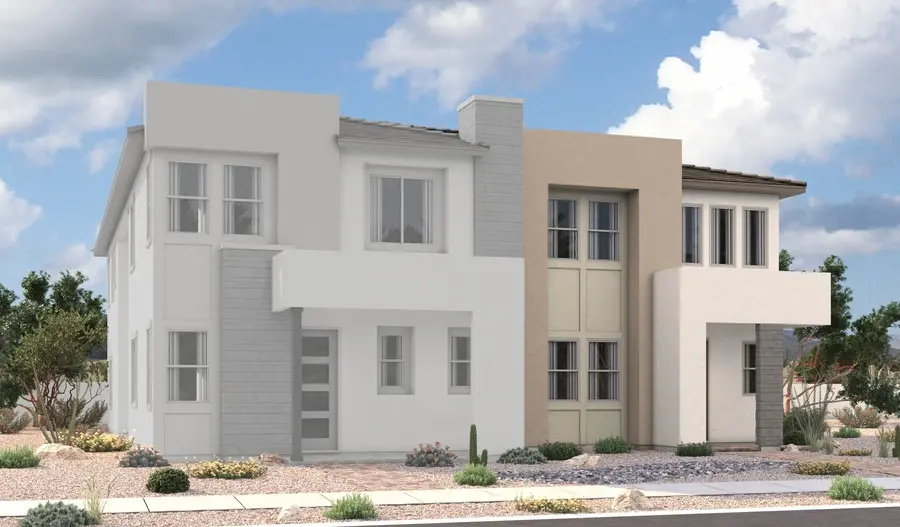 Navy-3-Elevation-C A modern two-story house with a flat roof, large windows, and a beige and white exterior sits amid a landscaped front yard with rocks and desert plants under a partly cloudy sky.
