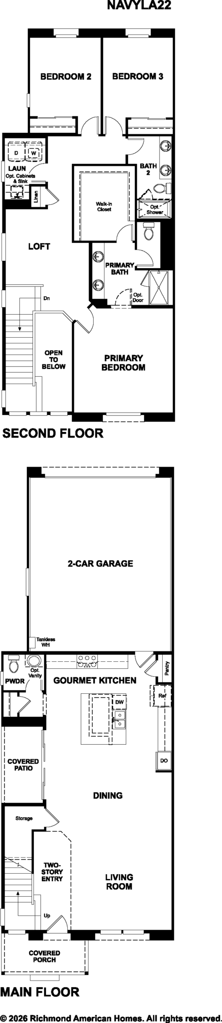 NavyLA22_print_03_25_26-445×2048 Black-and-white floor plan of a two-story house. The main floor has a porch, foyer, powder room, living room, dining area, gourmet kitchen, and 2-car garage. The second floor has a loft, primary suite, two bedrooms, two baths, and laundry.