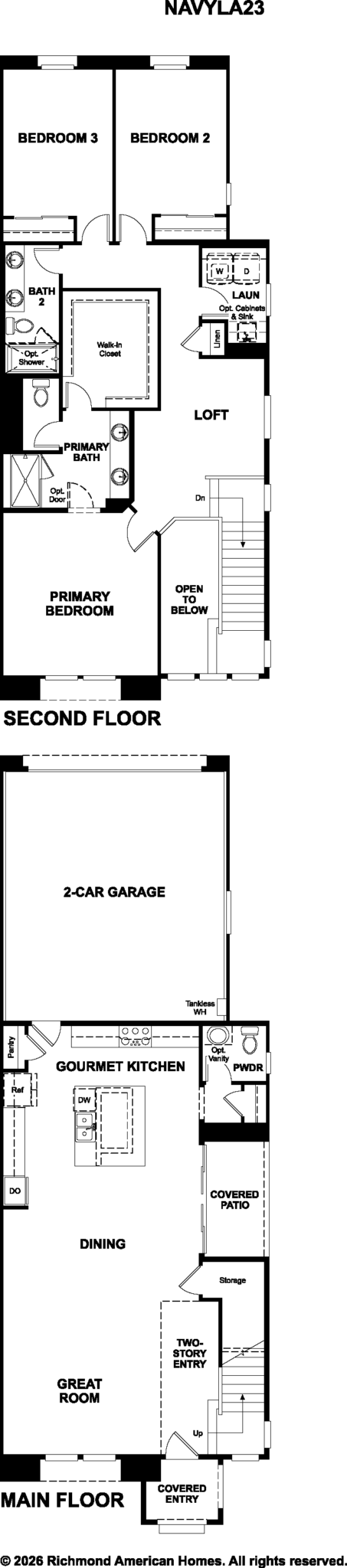 NavyLA23_print_03_25_26-453×2048 Black and white floor plan of a two-story house labeled “NAVYA23.” Main floor: 2-car garage, great room, dining area, gourmet kitchen, pantry, powder room, and porch. Second floor: four bedrooms, three baths, and a loft.