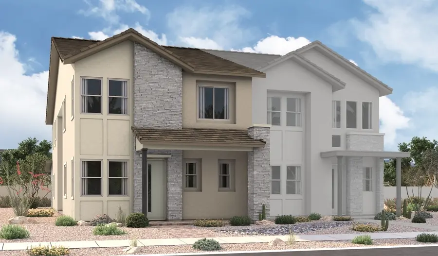 Nina-3-Elevation-B Two-story modern suburban house with beige and stone exterior, large windows, brown roof, and minimal desert landscaping in front. The right half of the house appears faded or digitally edited. Blue sky with scattered clouds.