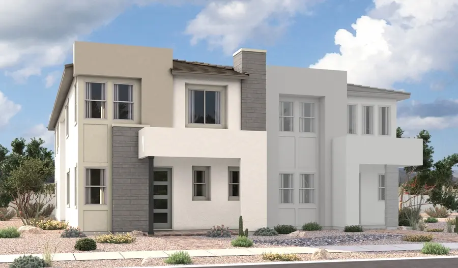 Nina-3-Elevation-C Modern two-story house with a flat roof, large windows, and a mix of beige, white, and gray exterior walls. Landscaping includes gravel, rocks, and desert plants under a partly cloudy sky.