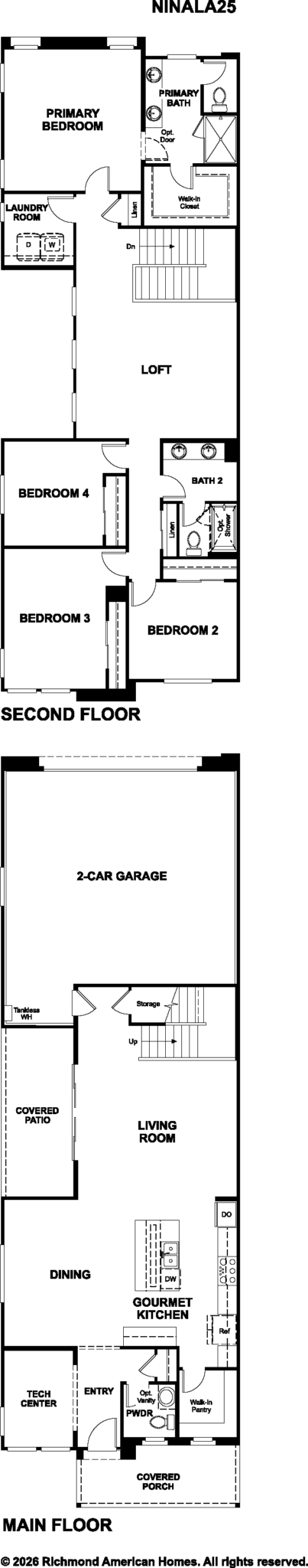 NinaLA25_print_03_25_26-403×2048 Black and white floor plan of a two-story house showing labeled rooms, including 4 bedrooms, 2.5 bathrooms, a loft, living room, kitchen, dining area, covered patio, porch, and a 2-car garage.