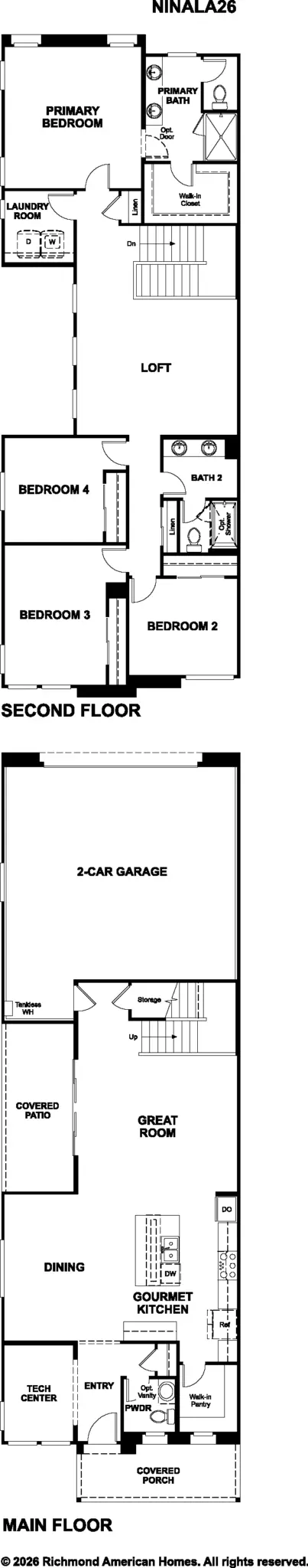 NinaLA26_print_03_25_26-403×2048 Black-and-white floor plan for a two-story house showing a 2-car garage, great room, kitchen, dining room, 5 bedrooms, 3 bathrooms, laundry room, loft, pantry, covered porch, and stairways.