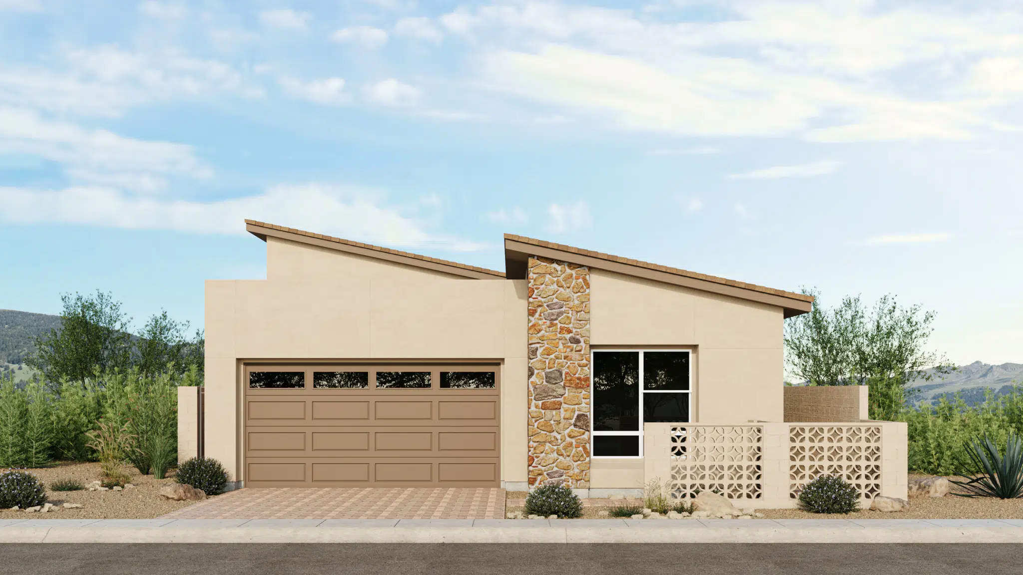 A modern, single-story house with a slanted roof, stone accent wall, large garage door, and a decorative white block privacy screen in front, set against a natural landscape with trees and mountains in the background.