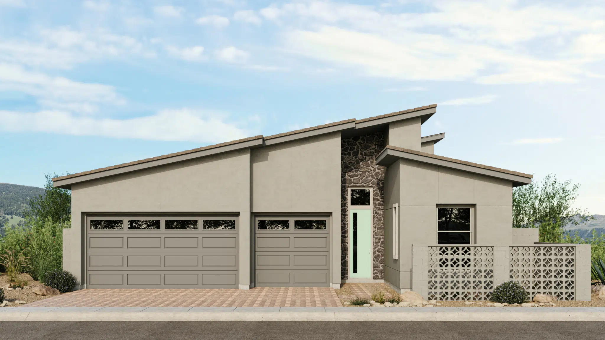 Riviera_Style_A_Sch_3_Esplanade_at_Red_Rock_VRZ-2048×1152 Modern single-story house with light gray stucco exterior, three-car garage, geometric accent wall with stones around the front door, and desert landscaping; blue sky with scattered clouds in the background.