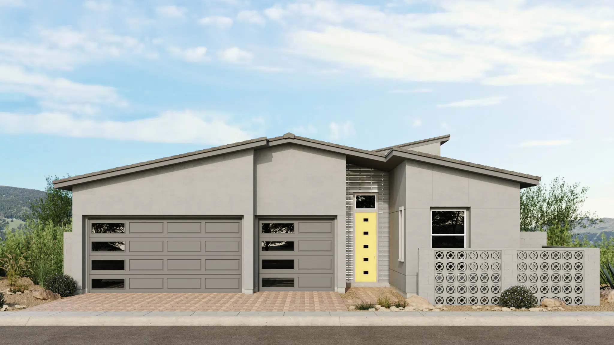 Riviera_Style_B_Sch_6_Esplanade_at_Red_Rock_VRZ-2048×1152 Modern single-story house with a gray exterior, two large garage doors on the left, a yellow front door in the center, a decorative privacy wall on the right, and minimal landscaping in front.
