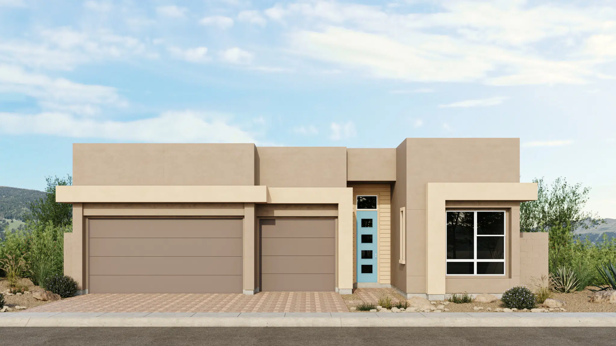 Riviera_Style_C_Sch_9_Esplanade_at_Red_Rock_VRZ-2048×1152 Modern single-story house with flat roofs, light beige exterior, a two-car garage, a single-car garage, a turquoise front door, large front window, and desert landscaping under a partly cloudy sky.