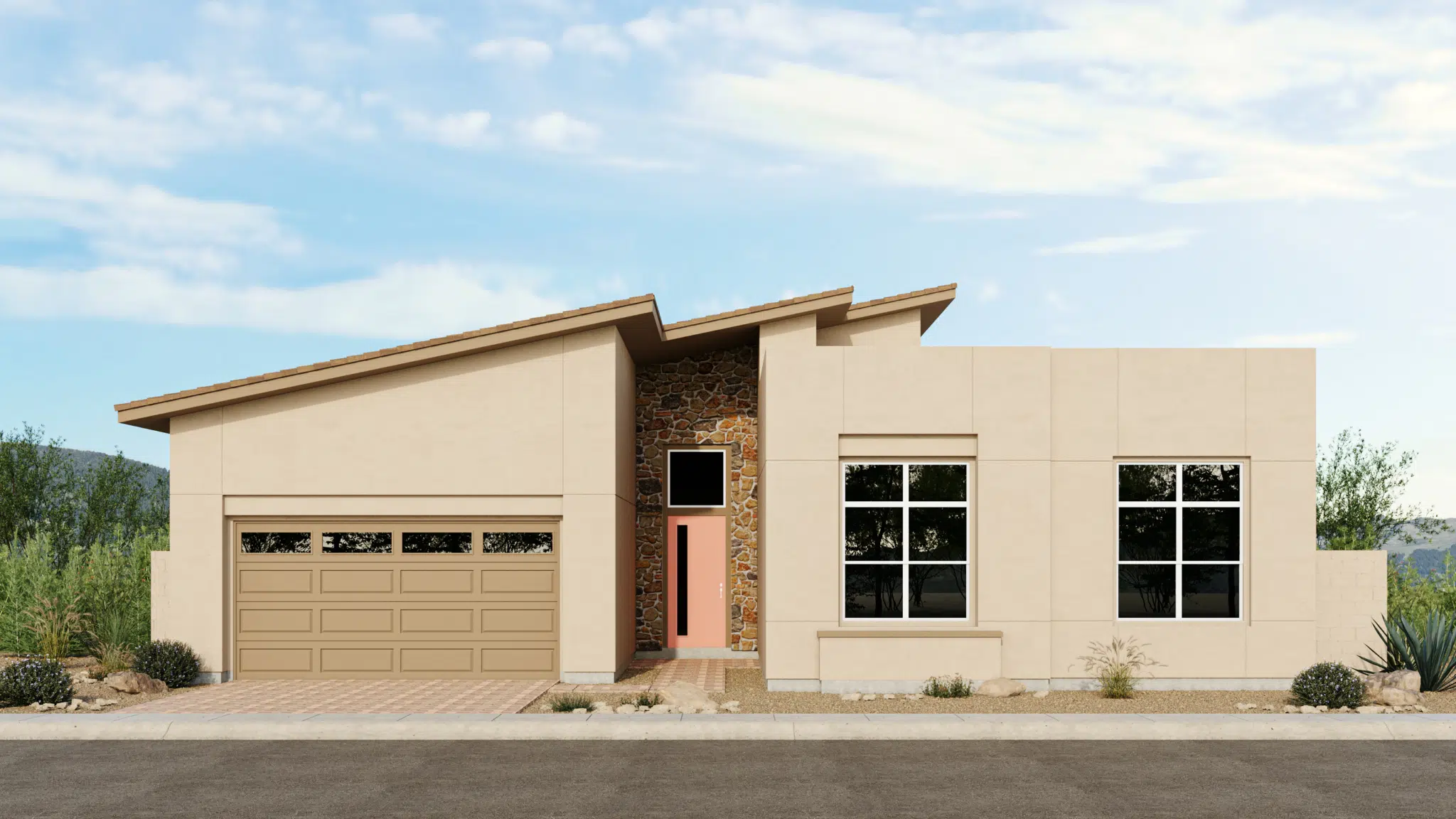 Modern, single-story house with beige stucco exterior, a stone accent wall by the entrance, large windows, a pink front door, and a two-car garage under a slanted roof, set against a partly cloudy sky.