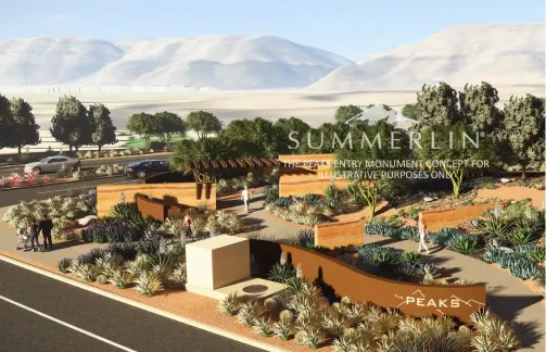Illustration of a landscaped entry monument for a residential community called Peaks in Summerlin, featuring pathways, desert plants, walls, and people walking near a road with mountains in the background.
