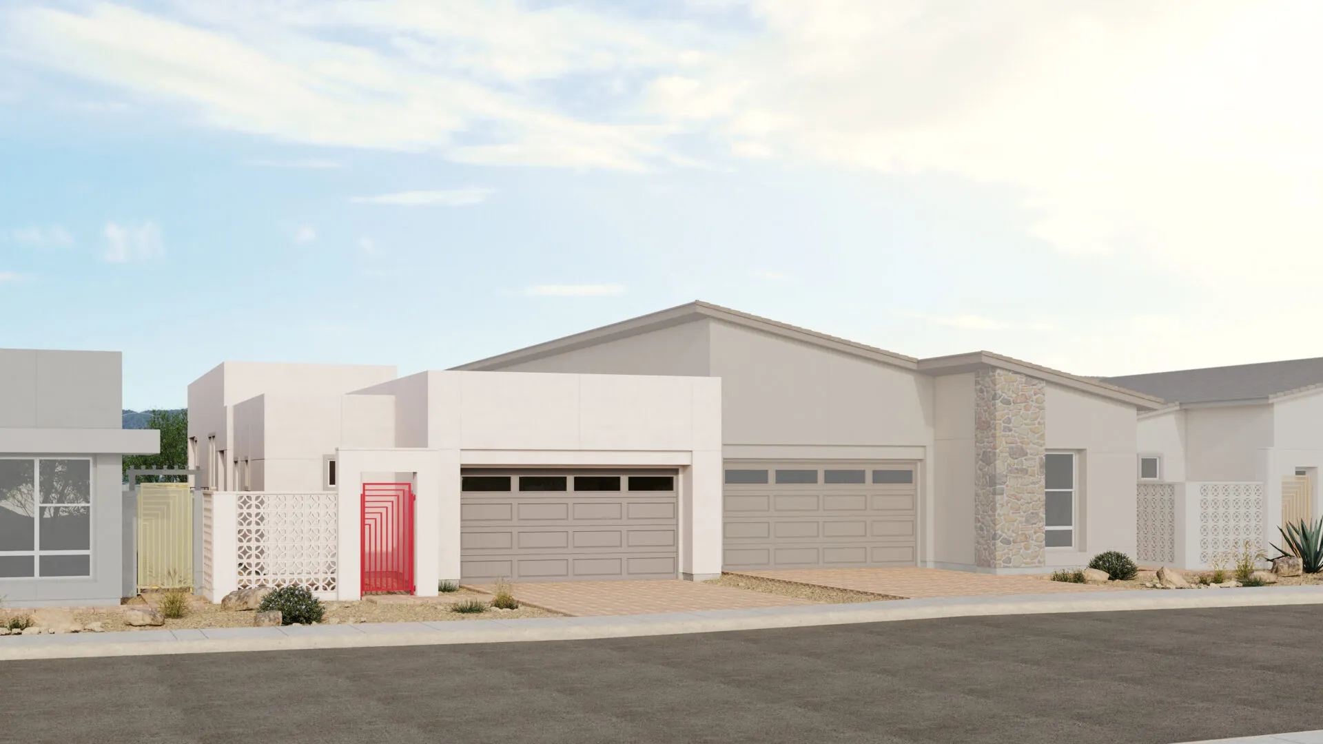 Tiki_Style_A_Sch_1_Esplanade_at_Red_Rock_VRZ-scaled Modern single-story house with a white facade, three gray garage doors, a red front door, geometric wall patterns, desert landscaping, and a paved driveway, set under a partly cloudy sky.