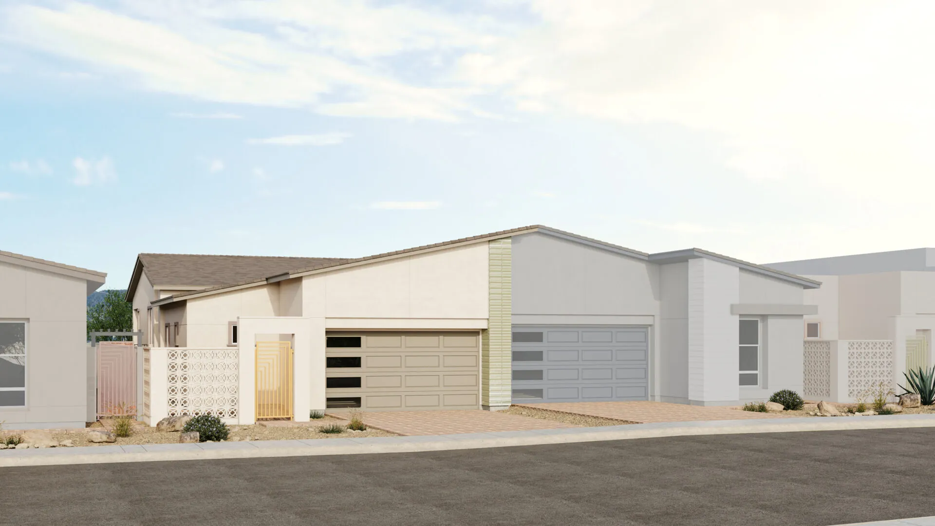 Tiki_Style_B_Sch_4_Esplanade_at_Red_Rock_VRZ-scaled A modern residential street with two adjacent single-story houses, each with double garages, light-colored exteriors, and minimal desert landscaping under a partly cloudy sky.