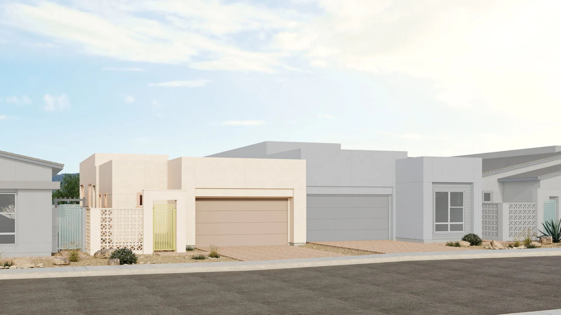 Tiki_Style_C_Sch_7_Esplanade_at_Red_Rock_VRZ-scaled A modern suburban house with a flat roof, beige exterior, and a double garage. The front yard has desert landscaping with rocks and small plants. Neighboring houses are visible on both sides under a partly cloudy sky.