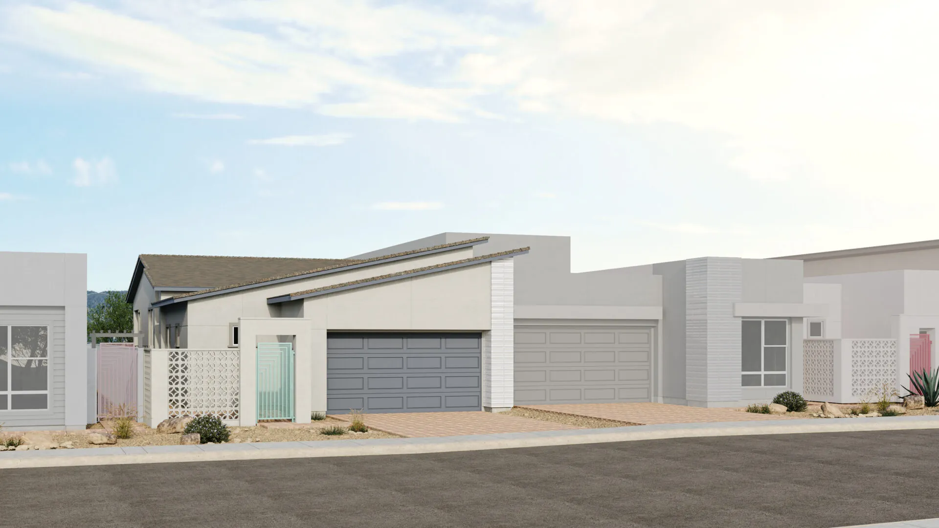 Tiki_Style_D_Sch_5_Esplanade_at_Red_Rock_VRZ-scaled A modern suburban house with a gray double garage door, geometric architecture, and a light blue front gate, surrounded by minimal desert landscaping and neighboring similar homes under a partly cloudy sky.