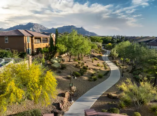 A winding sidewalk runs through a landscaped desert neighborhood with green trees, shrubs, and brown homes. Mountains and a partly cloudy blue sky are visible in the background.