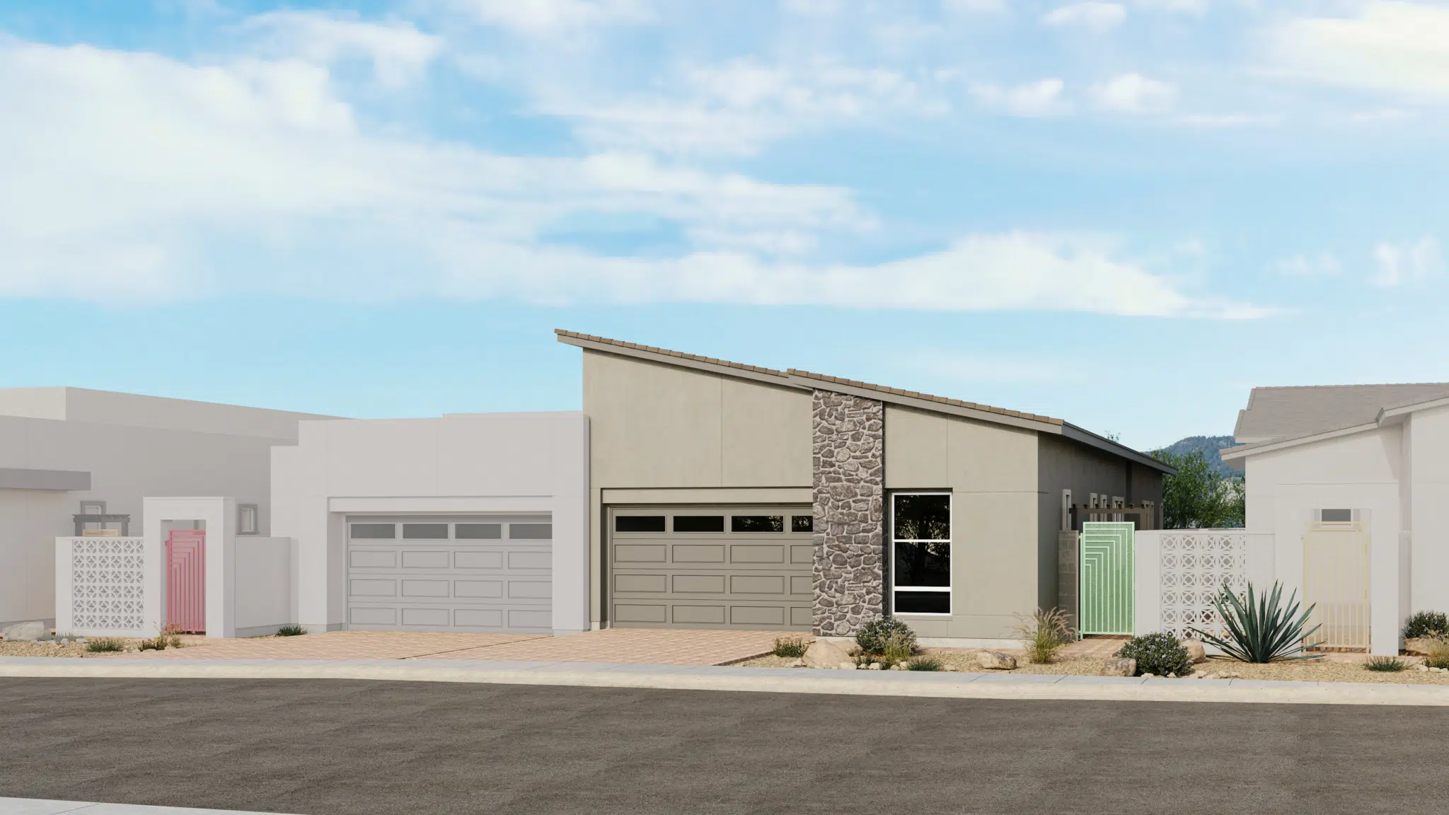 ZinniaX_Style_A_Sch_3_Esplanade_at_Red_Rock_VRZ-2048×1152 A modern, single-story house with a slanted roof, stone accent facade, double garage, and desert landscaping, set between two neighboring homes under a partly cloudy sky.