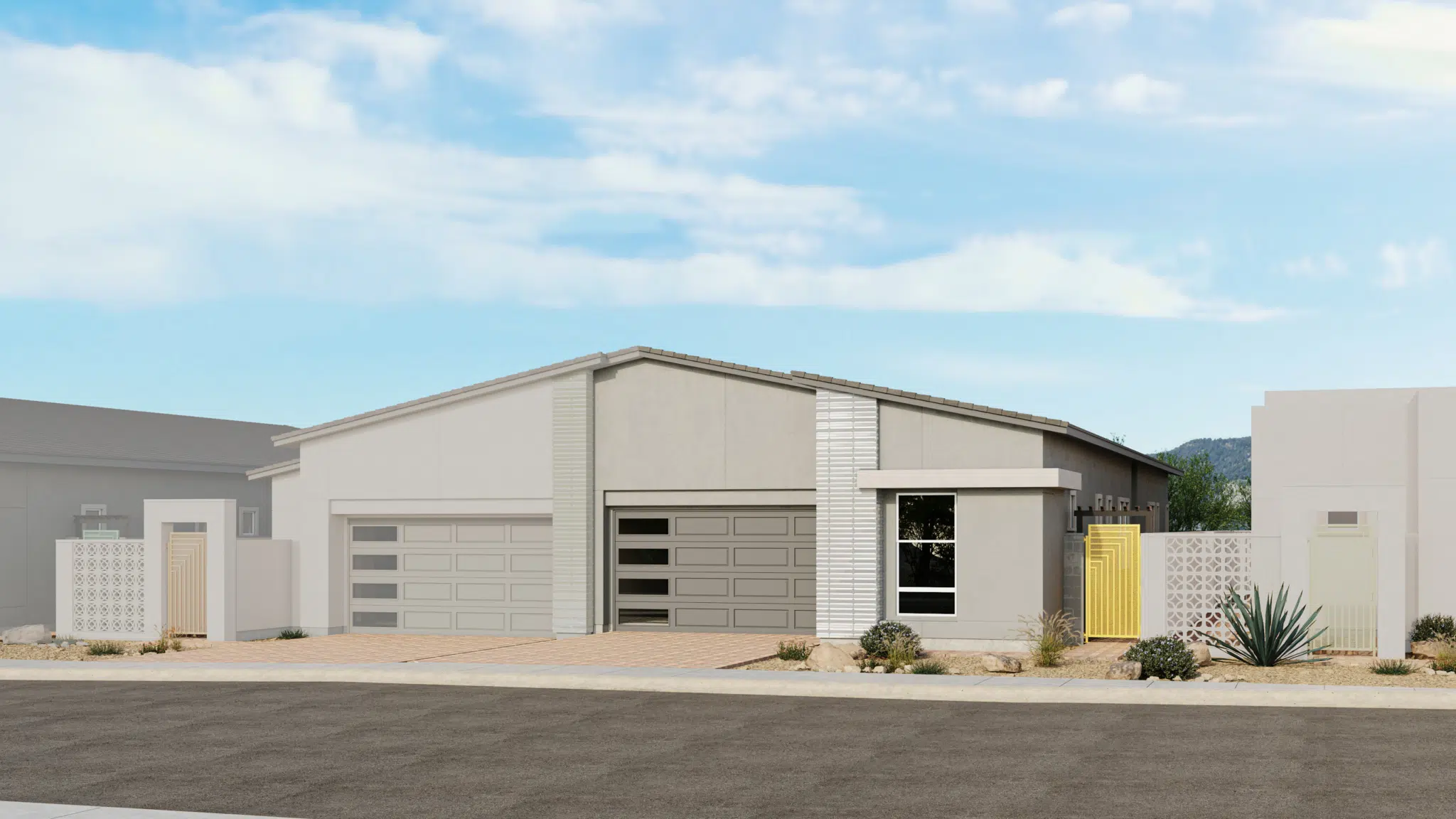 ZinniaX_Style_B_Sch_6_Esplanade_at_Red_Rock_VRZ-2048×1152 A modern, single-story house with light gray walls, large glass garage doors, a small front garden with desert plants, and a yellow gate, set against a blue sky with scattered clouds.