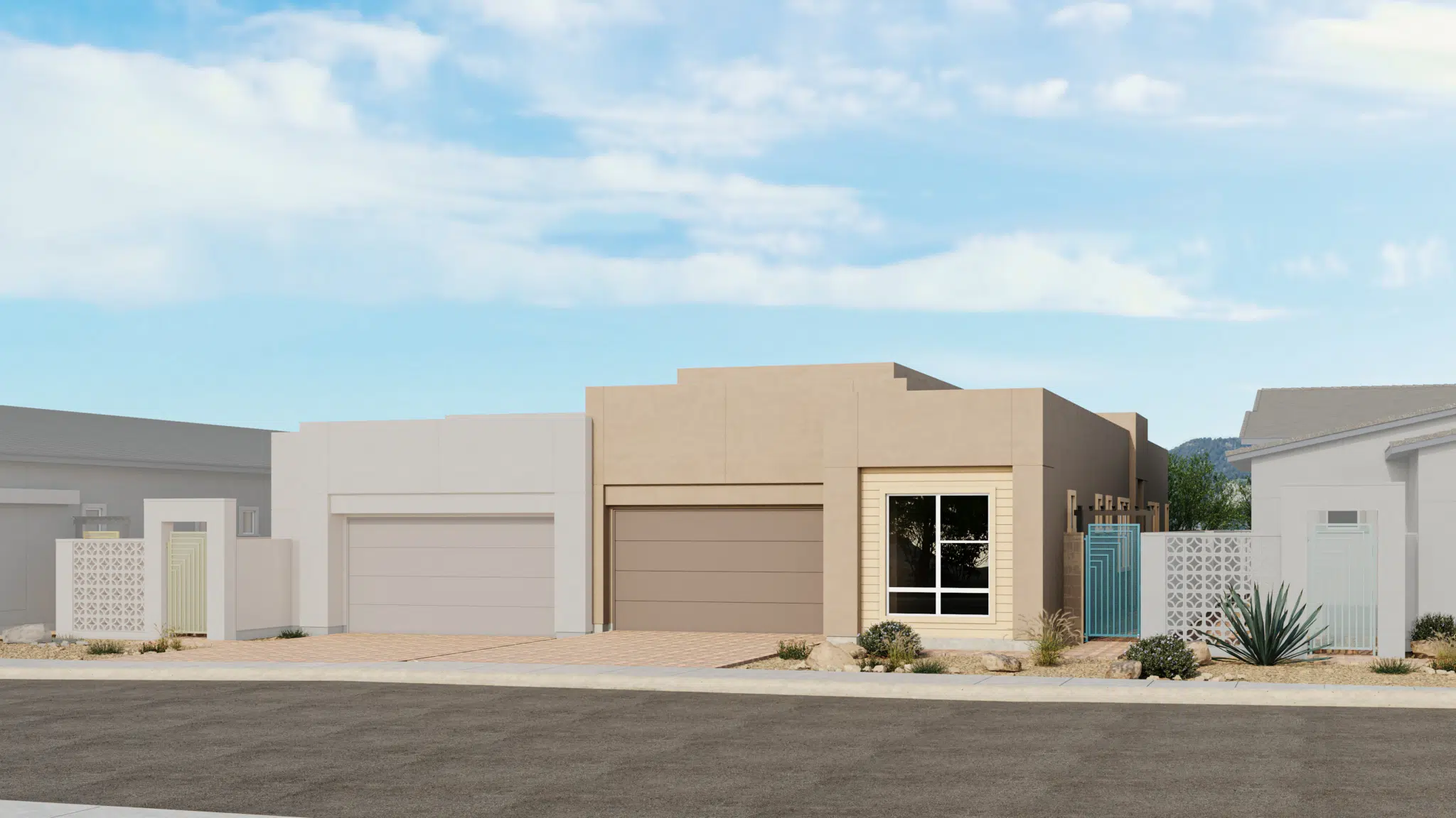 ZinniaX_Style_C_Sch_9_Esplanade_at_Red_Rock_VRZ-2048×1152 Modern single-story house with a flat roof, beige and white exterior, a large garage, and a small desert landscape yard with rocks and drought-tolerant plants under a blue sky.