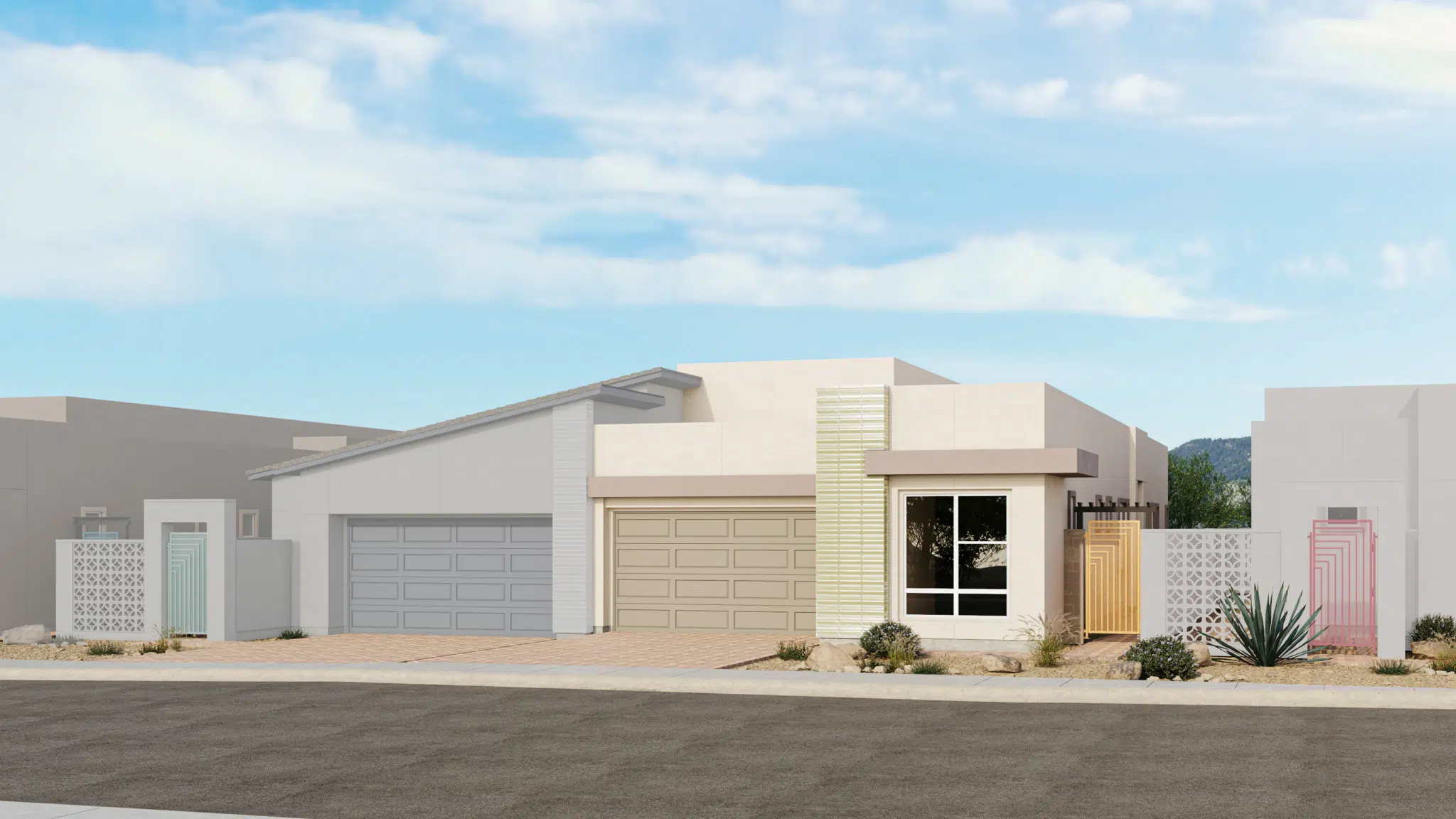 ZinniaX_Style_D_Sch_4_Esplanade_at_Red_Rock_VRZ-2048×1152 A modern, single-story house with a flat roof, light-colored walls, a two-car garage, large front window, and desert landscaping in front. The sky is blue with scattered clouds.