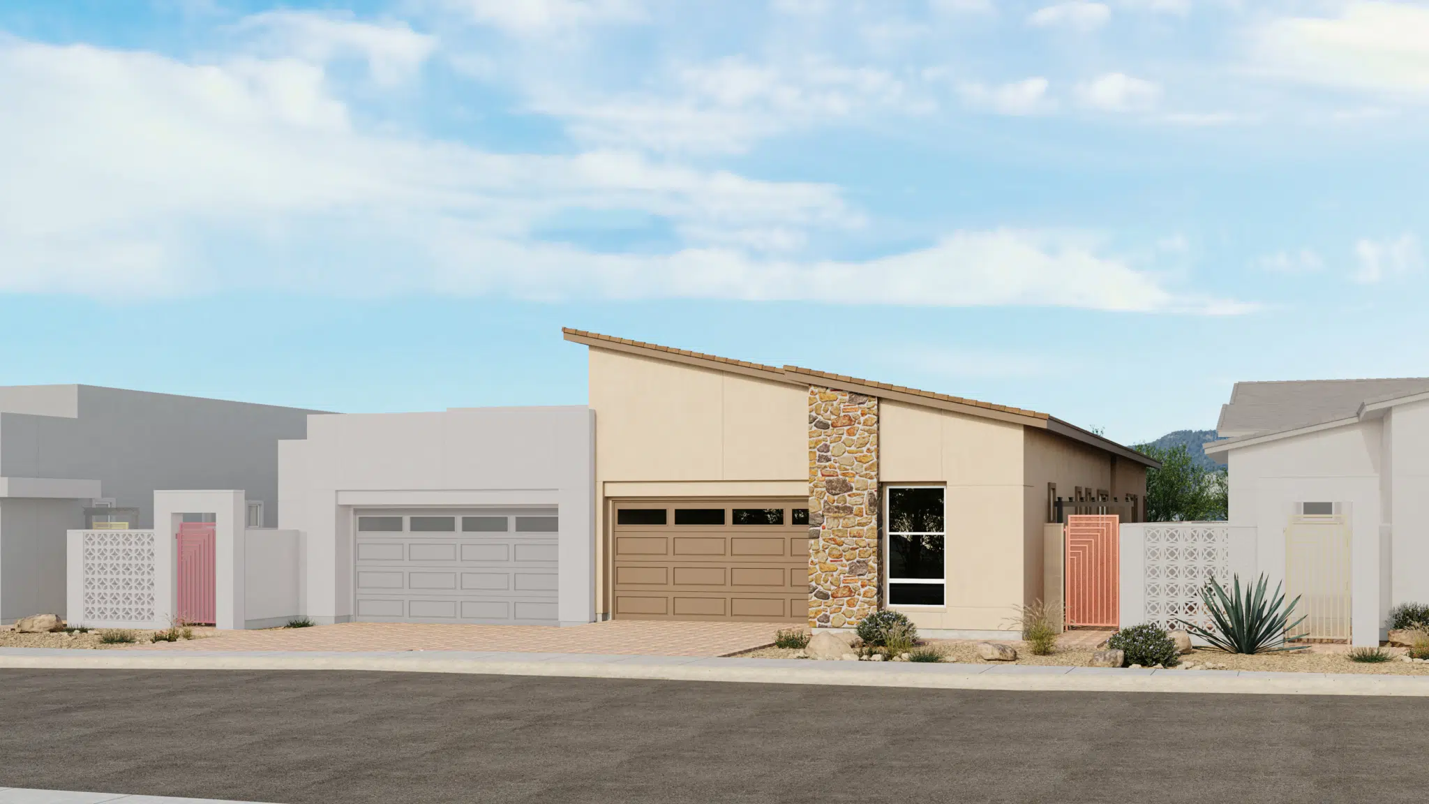 A modern, single-story house with a slanted roof, stone accent wall, two-car garage, and desert landscaping, situated between similar contemporary homes under a partly cloudy sky.