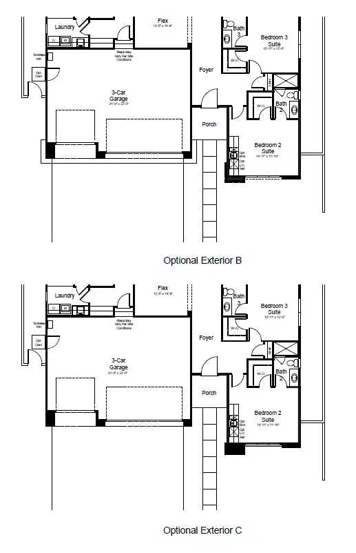 astaire-fp-2 Two similar floor plans labeled Optional Exterior B and Optional Exterior C. Both feature a porch, foyer, three-car garage, laundry, flex room, and two bedrooms with private baths, with minor differences in room configurations.