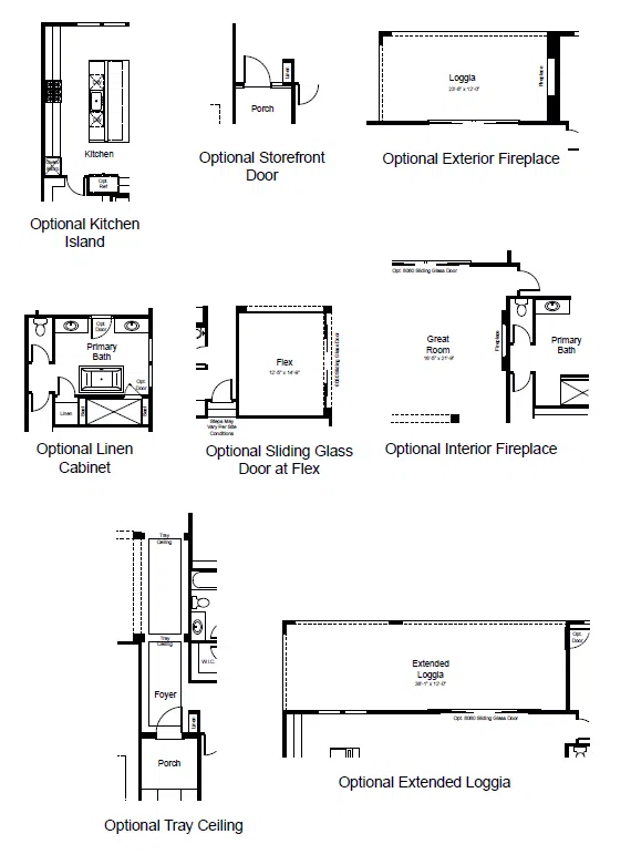 astaire-fp-3 A black and white floor plan diagram shows seven optional home features, including a kitchen island, storefront door, sliding glass door, fireplaces, linen cabinet, tray ceiling, and extended loggia, each labeled with room placements.