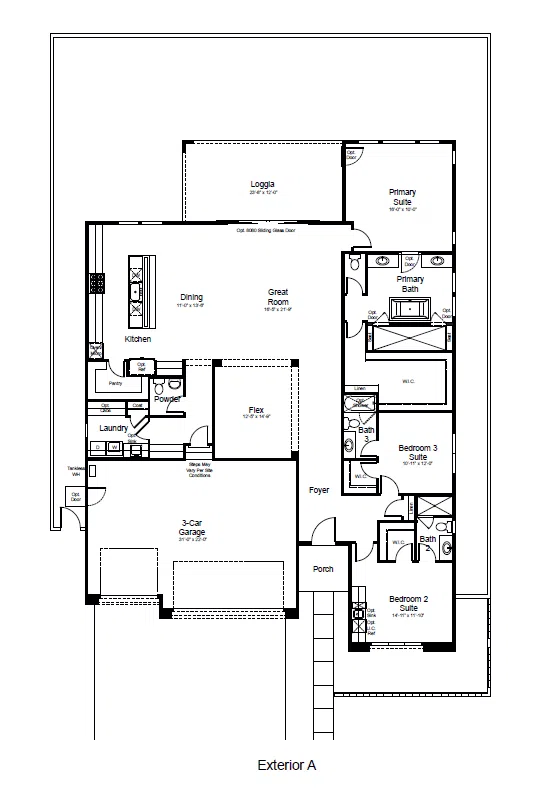 astairs-fp-1 Black and white floor plan of a single-story house labeled Exterior A, showing a porch, foyer, 3-car garage, kitchen, dining, pantry, great room, loggia, laundry, powder room, and three bedrooms with bathrooms.