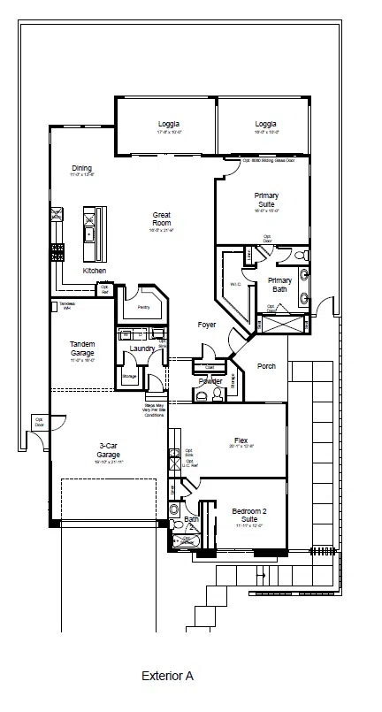 fontaine-fp-1 Black and white floor plan labeled “Exterior A.” Features include a 3-car garage, foyer, great room, kitchen, dining area, two bedrooms (each with a bath), laundry, powder room, pantry, porch, and two loggia spaces in back.