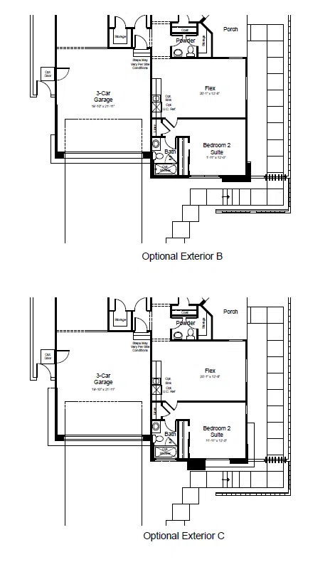 fontaine-fp-2 Two floor plan layouts labeled Optional Exterior B and Optional Exterior C, showing a 3-car garage, flex room, bedroom 2 suite, bathrooms, porch, and slight variations in wall placements.