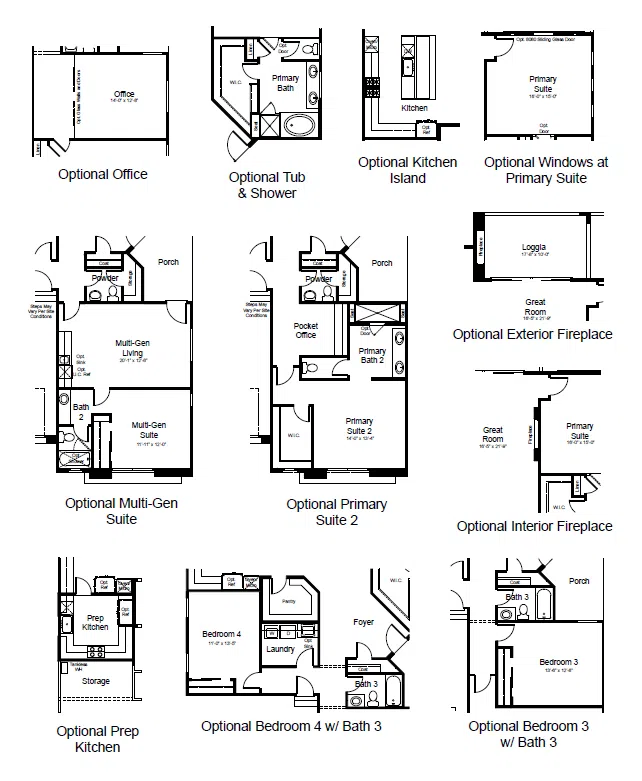 fontaine-fp-3 A grid of black and white floor plan drawings displaying optional room layouts for a house, including office, kitchen island, fireplaces, multi-gen suite, additional baths, and window placements. Labels describe each option.