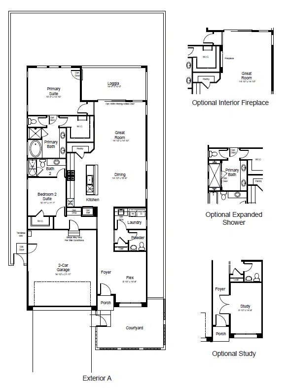 mojito-fp-1 Black and white floor plan for a single-story home with 3-car garage, 3 bedrooms, 2.5 baths, kitchen, dining, great room, laundry, foyer, porch, courtyard, and options for fireplace, study, and expanded shower.