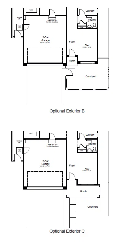 mojito-fp-2 Two black-and-white floor plans, labeled Optional Exterior B and Optional Exterior C, showing a 2-car garage, laundry, foyer, flex room, powder room, porch, and courtyard with different porch and stair layouts.