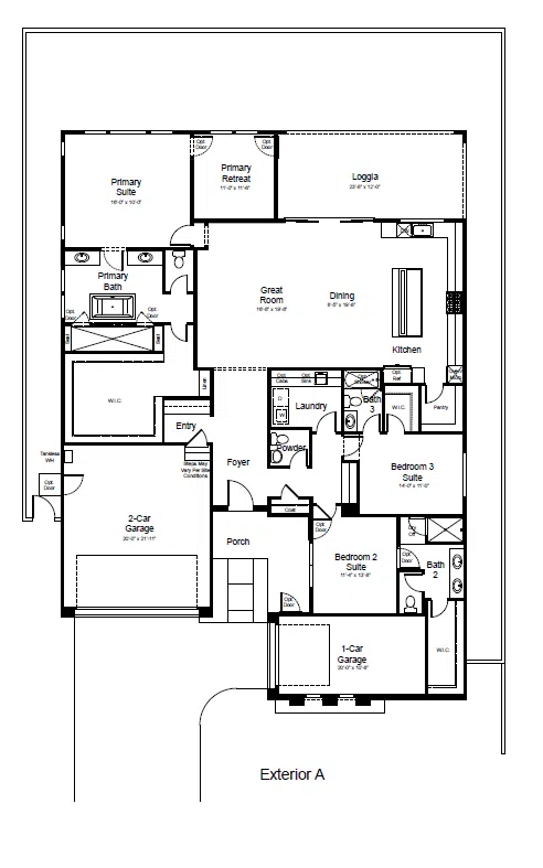 monroe-fp-1 Black and white floor plan of a single-story house with three bedrooms, three bathrooms, great room, dining area, kitchen, laundry, foyer, porch, loggia, 2-car garage, and 1-car garage. Labeled Exterior A.