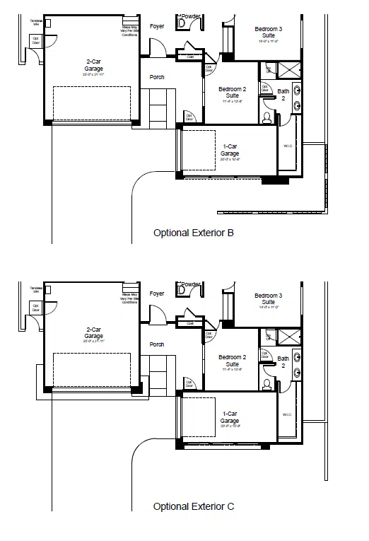 monroe-fp-2 Two black-and-white floor plans labeled Optional Exterior B and Optional Exterior C, showing a three-bedroom house layout with two garages, bathrooms, and living areas; the layouts are nearly identical.