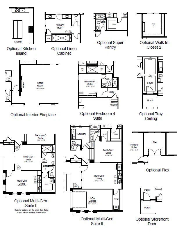 monroe-fp-3 A collection of black-and-white floor plan diagrams, each showing different optional home layouts and features such as a kitchen island, extra bedrooms, fireplace, flex space, multi-gen suites, pantry, and storage options.