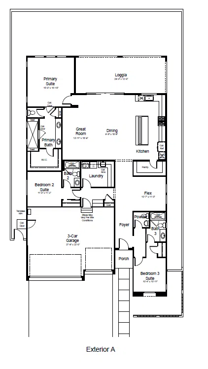riviera-fp-1 Black and white floor plan labeled Exterior A showing three bedrooms, three bathrooms, great room, dining area, kitchen, laundry room, flex room, porch, loggia, and a 3-car garage.
