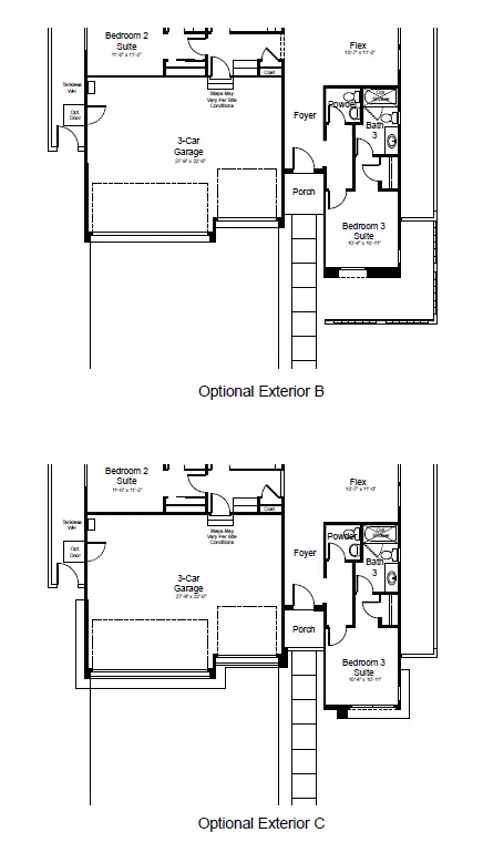 riviera-fp-2 Two black-and-white floor plans labeled Optional Exterior B and Optional Exterior C, showing a 3-car garage, bedrooms, bathrooms, porch, foyer, and flex/powder rooms with slight layout differences.