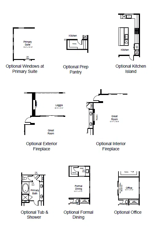 riviera-fp-3 A collection of black-and-white floor plan diagrams showing optional layouts for a home, including windows, kitchen island, fireplaces, tub and shower, formal dining, and office configurations.