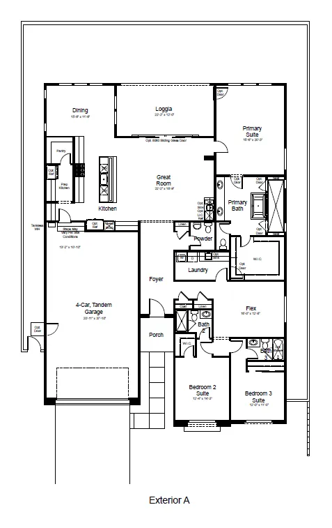 tiki-fp-1 Black and white floor plan labeled Exterior A showing a single-story layout with a 4-car tandem garage, 3 bedrooms, 3 baths, kitchen, dining, great room, laundry, flex room, and loggia with front porch entry.