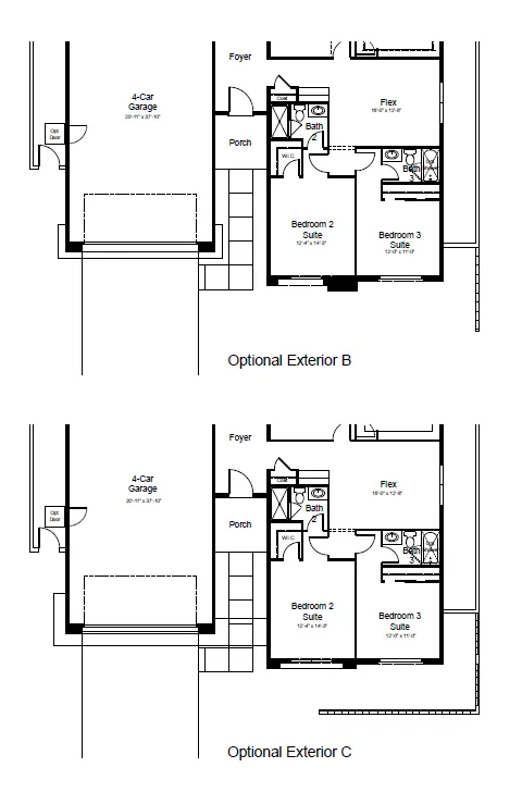 tiki-fp-2 Two black-and-white floor plans labeled Optional Exterior B and Optional Exterior C, showing layouts with a 4-car garage, foyer, porch, two bedrooms, flex room, two bathrooms, and slight entry differences.