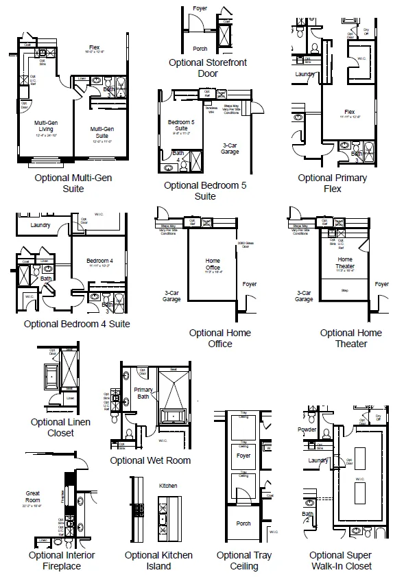 tiki-fp-3 A collection of black-and-white floor plan diagrams showing various optional rooms and features for a house, including bedrooms, office, kitchen island, home theater, wet room, fireplaces, and more. Each option is labeled.