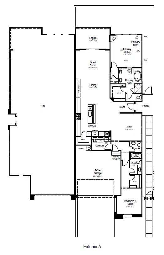 zinniax-fp-1 Black and white floor plan labeled “Exterior A” showing a 2-bedroom home with a 3-car garage, kitchen, dining, great room, laundry, flex room, foyer, 2 bathrooms, porch, loggia, and tiki area.