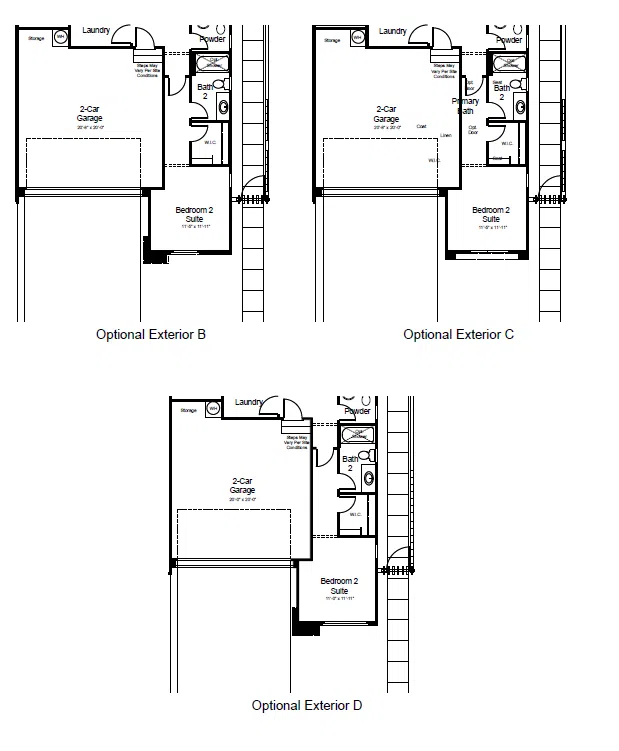 zinniax-fp-2 Three black and white floor plans labeled Optional Exterior B, C, and D, showing slight layout variations of a house with a 2-car garage, laundry room, bath, and bedroom suite near the entry.