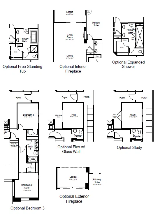 zinniax-fp-3 A set of six black and white floor plan options for a home, each labeled with features like optional tub, fireplace, expanded shower, bedroom 3, flex with glass wall, and study. Each plan displays room layouts and doors.