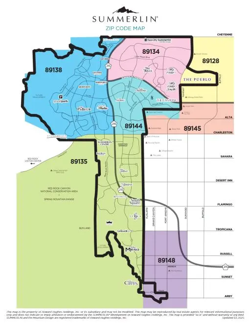 Map of Summerlin in Las Vegas, Nevada, showing different neighborhoods shaded by zip code: 89138, 89135, 89134, 89144, 89145, 89148, and 89128 with major roads and area names labeled.