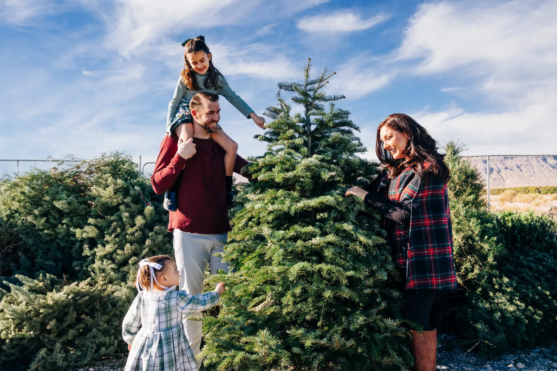 A family of four selects a Christmas tree outdoors. The father carries one daughter on his shoulders, while the mother and younger daughter, both in plaid, examine a tree under a blue sky.