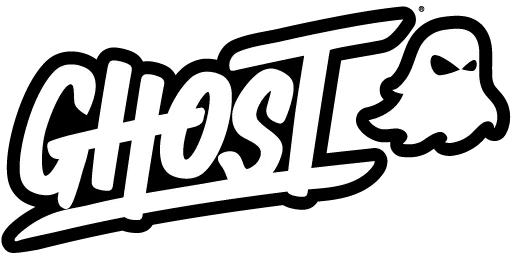 Ghost_Energy_Logo Stylized word GHOST in bold, white script with black outline; the letter T extends to form an underline, and a simple cartoon ghost icon appears next to the T on the right.