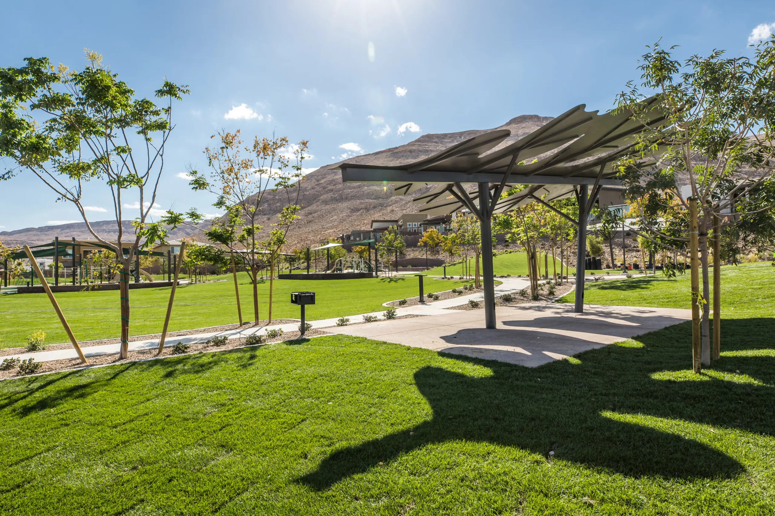 A sunny park with green grass, trees, a shaded picnic area, a BBQ grill, and mountains in the background under a clear blue sky.
