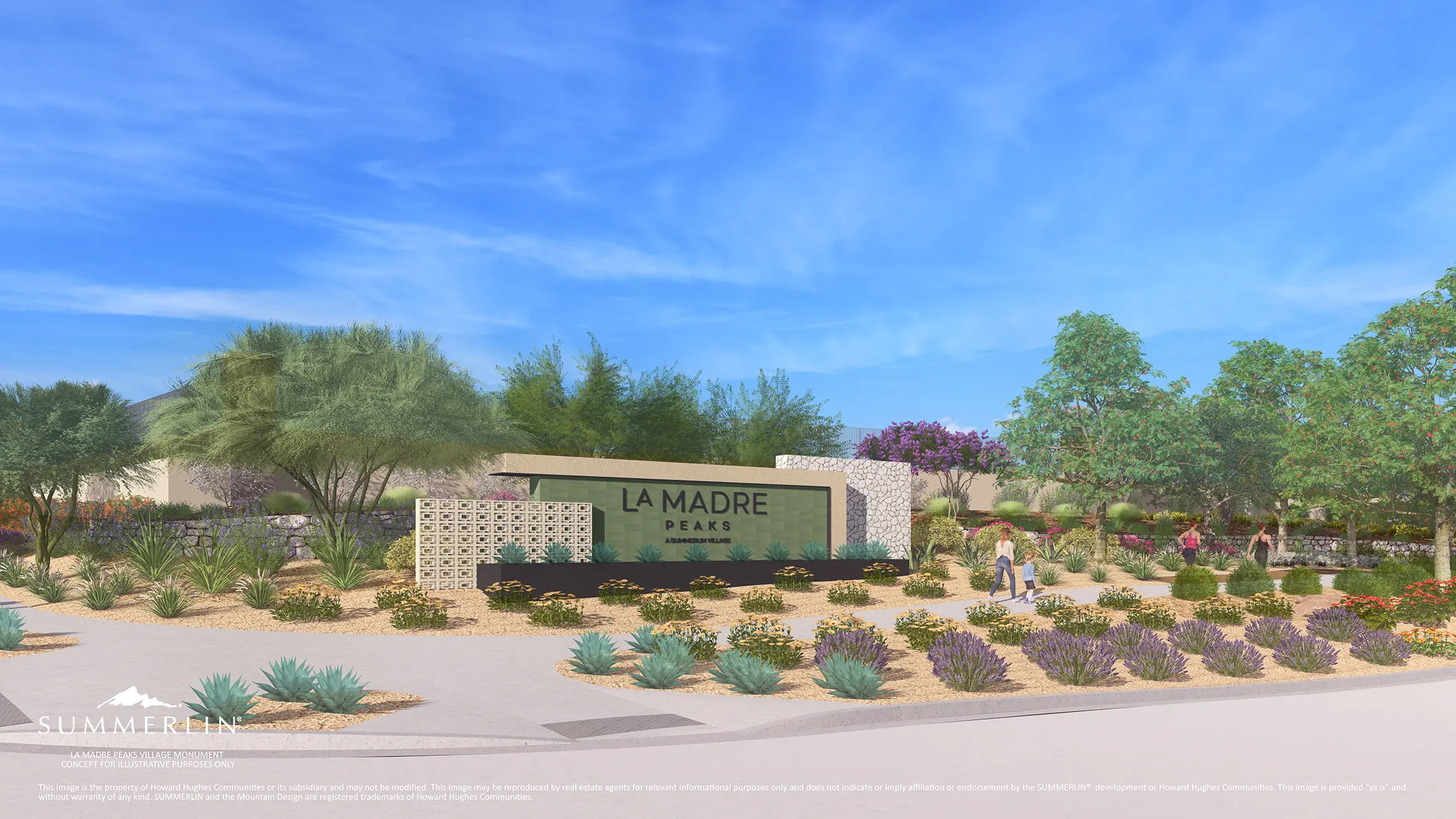 A landscaped entrance to La Madre Peaks features a large sign surrounded by desert plants, trees, and shrubs, with a few people walking on pathways under a blue sky.