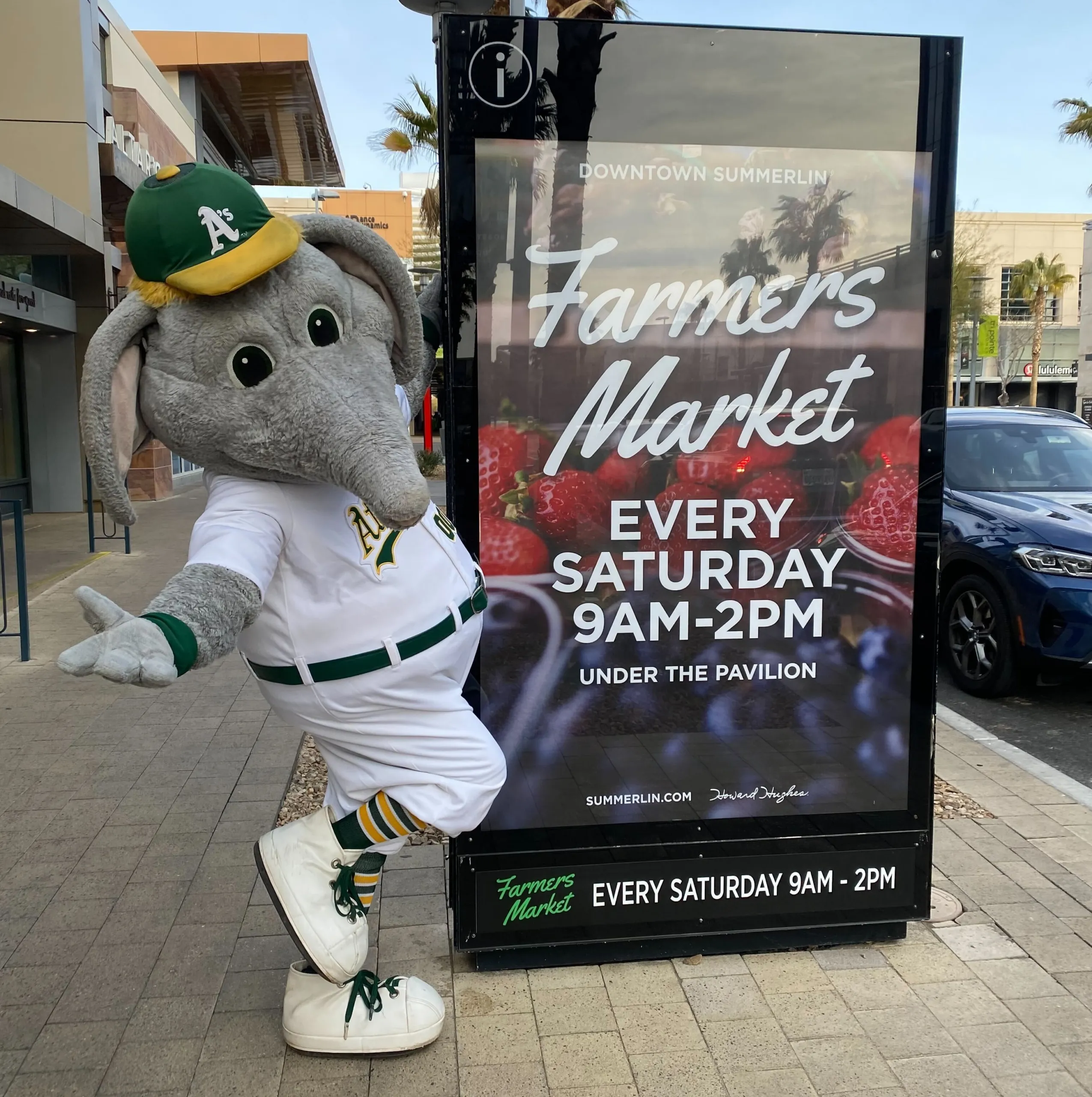 An elephant mascot in an Oakland As uniform poses next to a sign advertising the Downtown Summerlin Farmers Market, held every Saturday from 9am to 2pm under the pavilion.